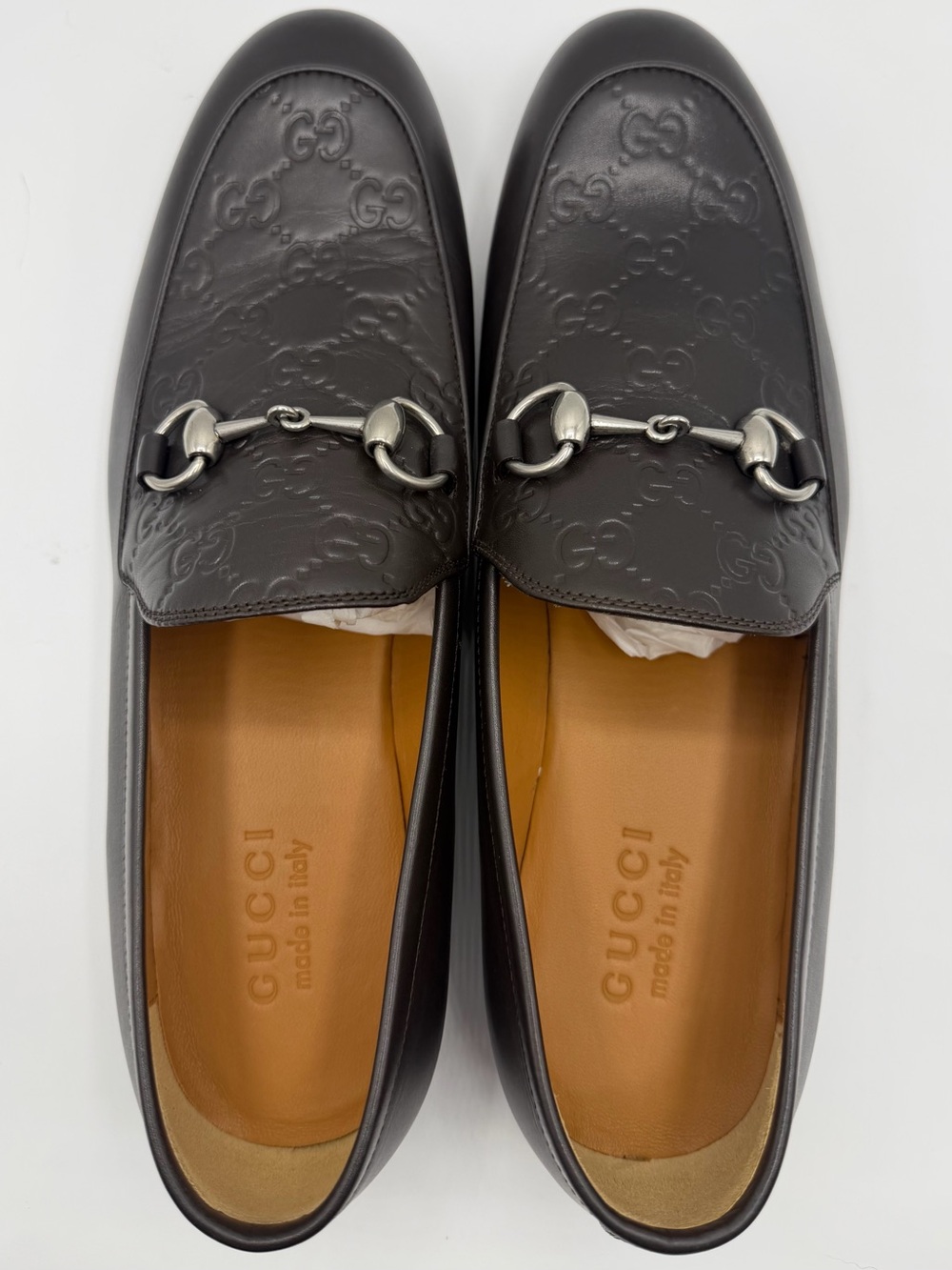 NIB Gucci Men’s GG Logo Monogram Jordaaan Brown Grey Horsebit Slip On Loafers